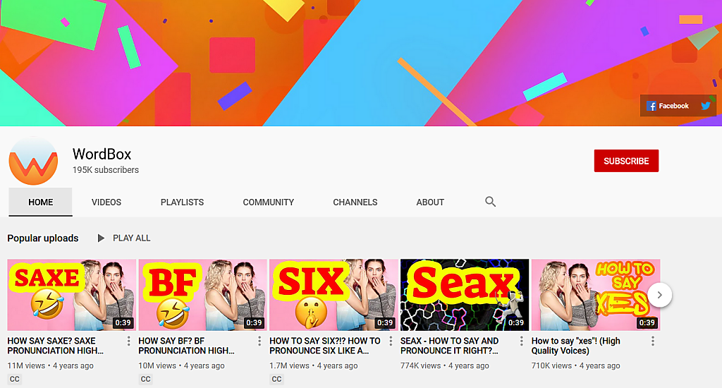 Screenshot of the Wordbox YouTube channel. This channel has tens of thousands of videos.