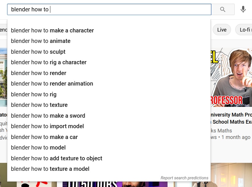 Screenshot of YouTube search drop-down list search suggestions
